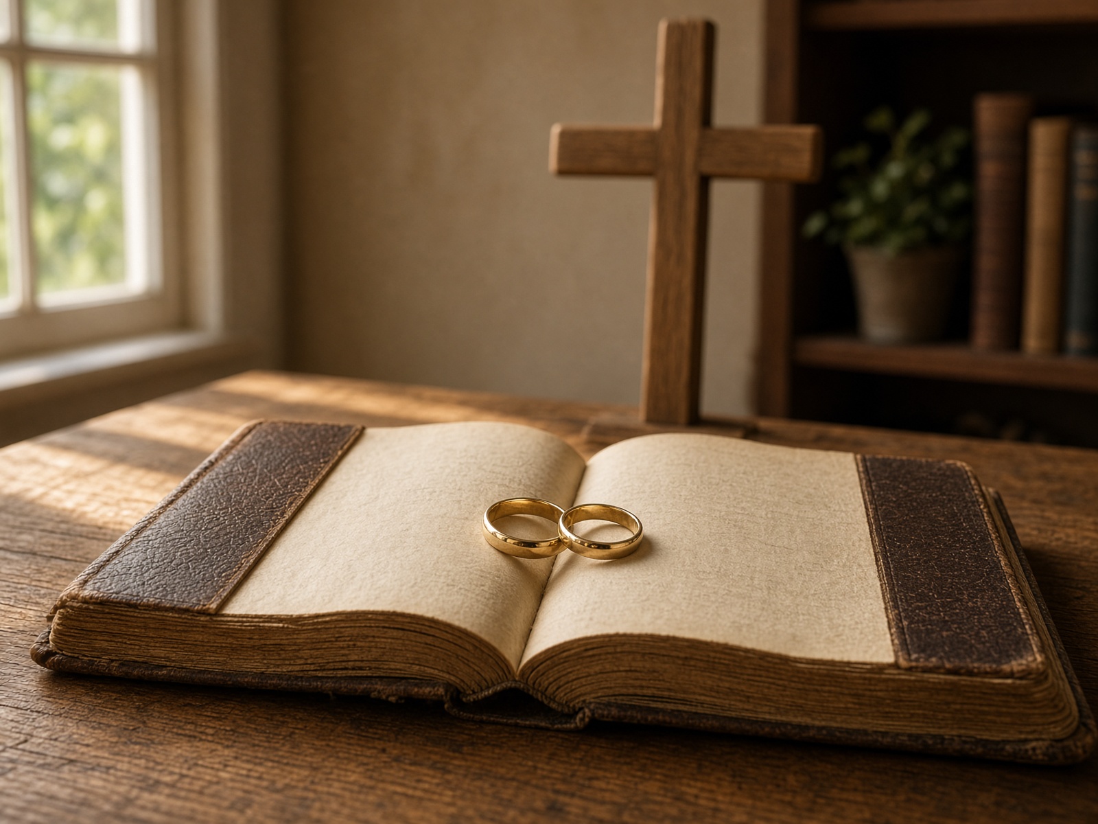 Two wedding bands resting on an open Bible