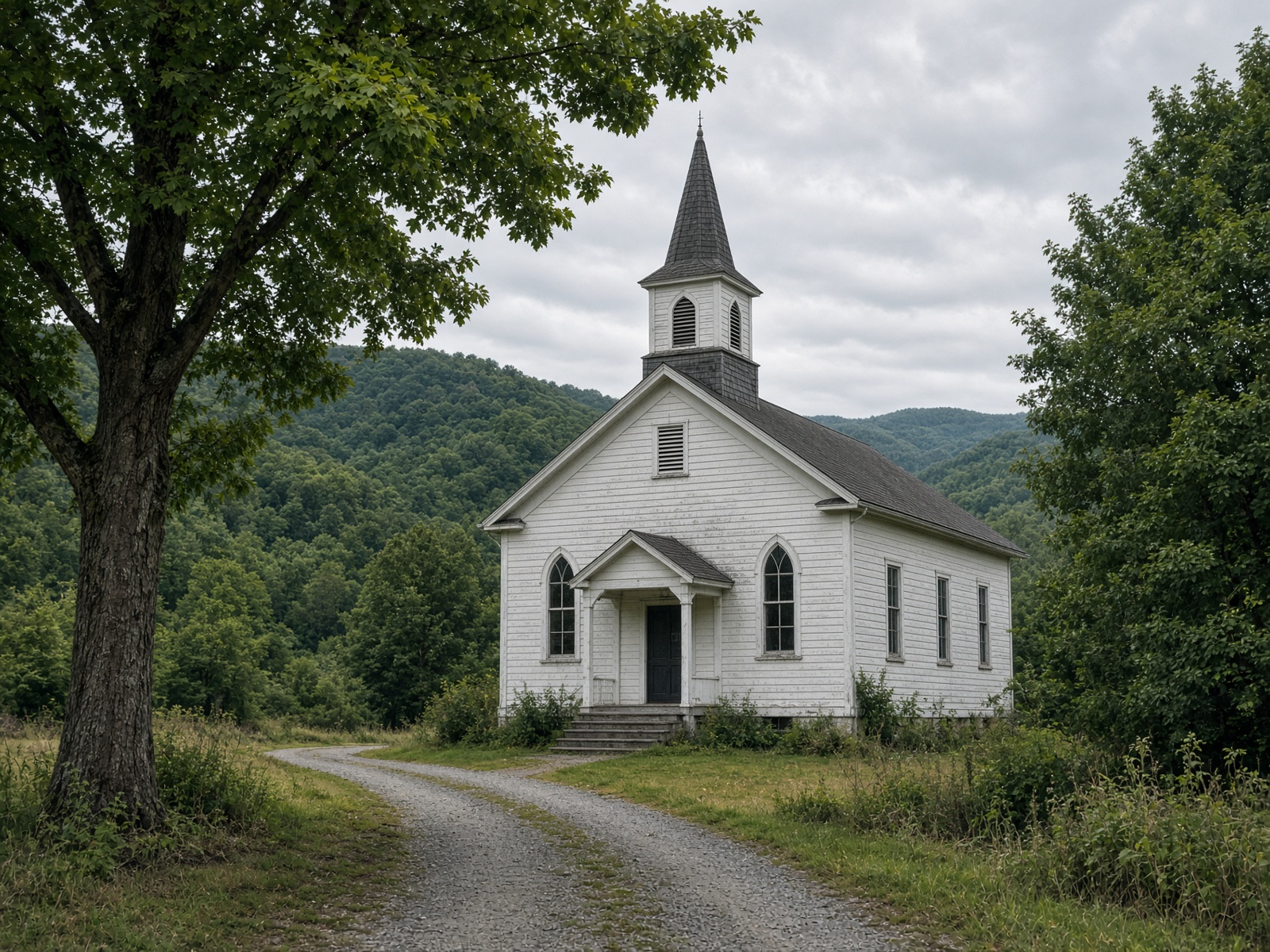 A white clapboard country church among Pennsylvania hills
