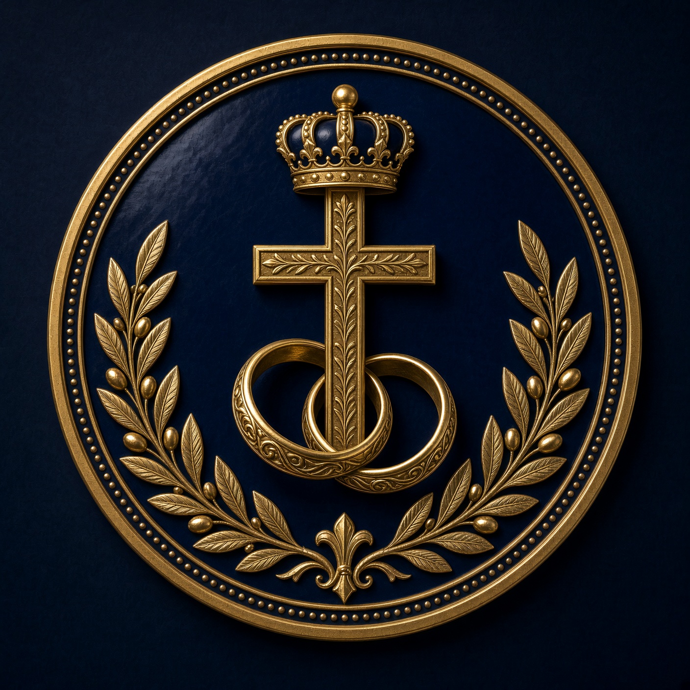 Covenant of Truth ministry emblem: a gold seal with a cross, interlocking wedding rings, olive branches, and a crown