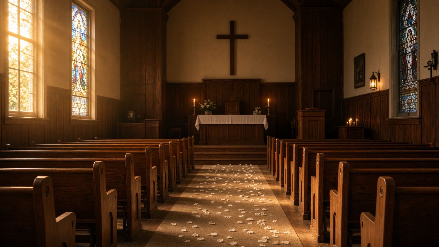 A quiet Pennsylvania country church, aisle toward the cross